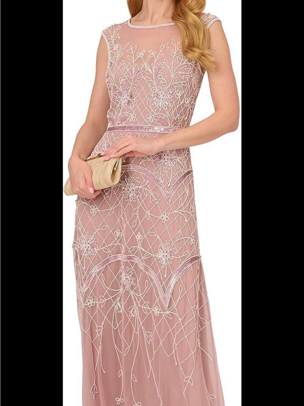 Beaded Ankle-Length Dress, Sheer Illusion Neckline, Dusted Petal/Ivory, Size 16